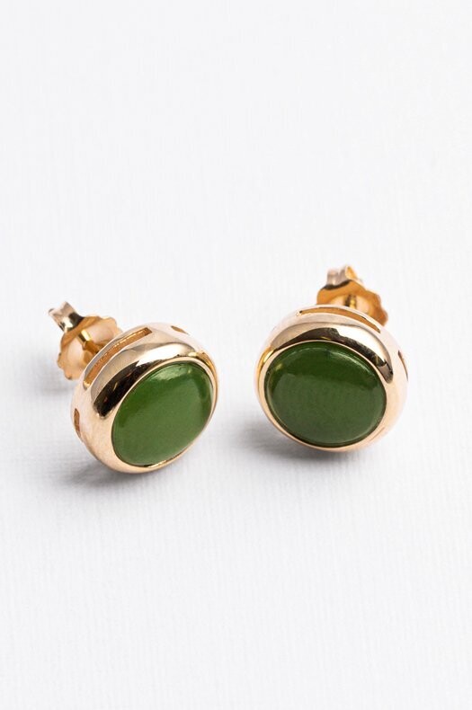 Moko Pounamu 8mm Round Greenstone & 9ct Gold Stud Earrings - ES11G