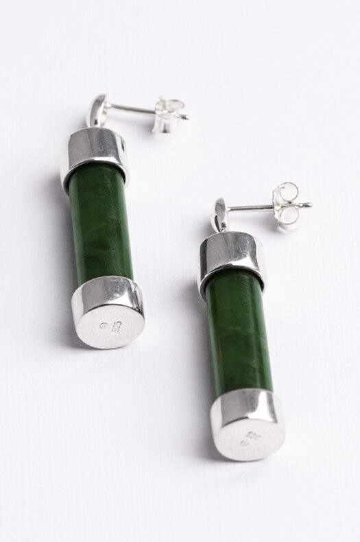 Moko Pounamu NZ Genuine Greenstone and Silver Double Capped Stud Earrings