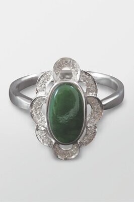 Greenstone and Sterling Silver with White Sapphires Oval Ring - AM10RS