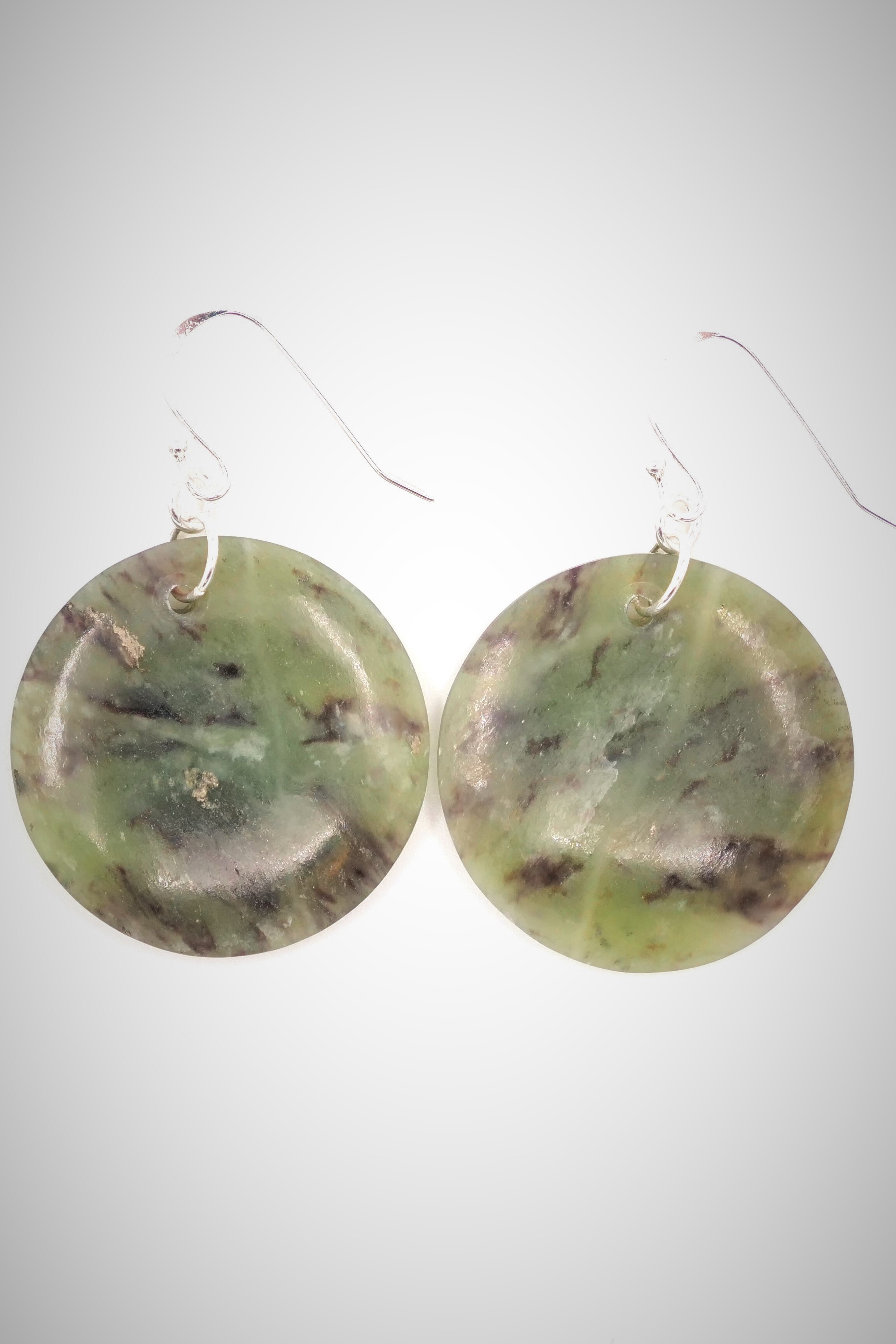 Moko Pounamu NZ Genuine Totoweka Greenstone and Silver Disc Earrings 03666