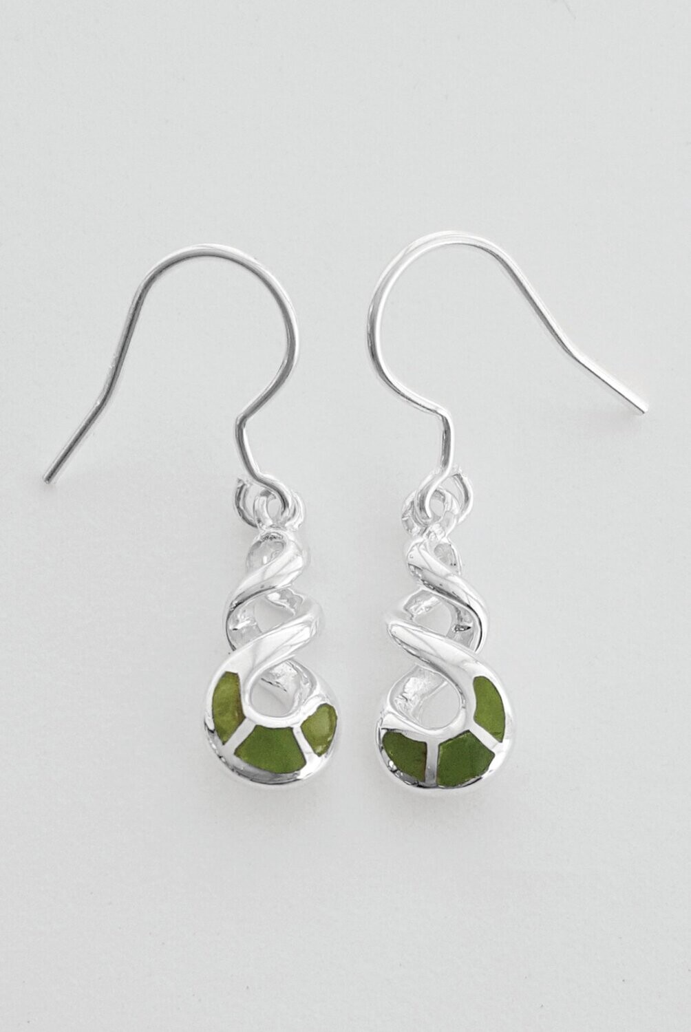 Moko Pounamu NZ Genuine Greenstone and Sterling Silver Double Twist Drop Earrings - 53JE