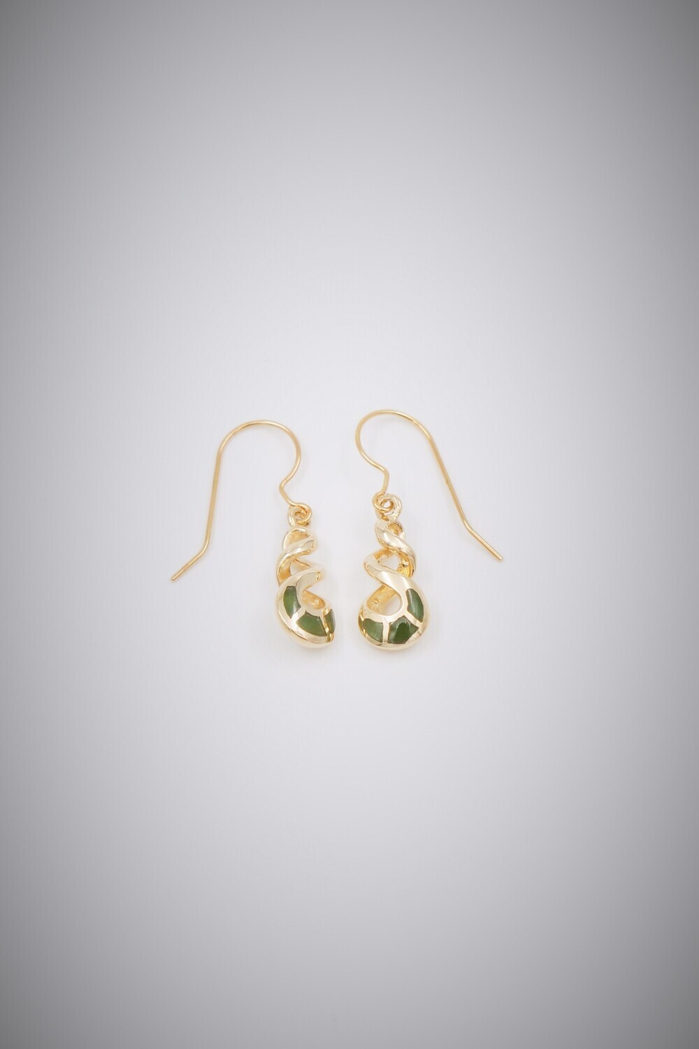 Moko Pounamu Greenstone and Solid 9ct Gold Twist Drop Earrings 04762