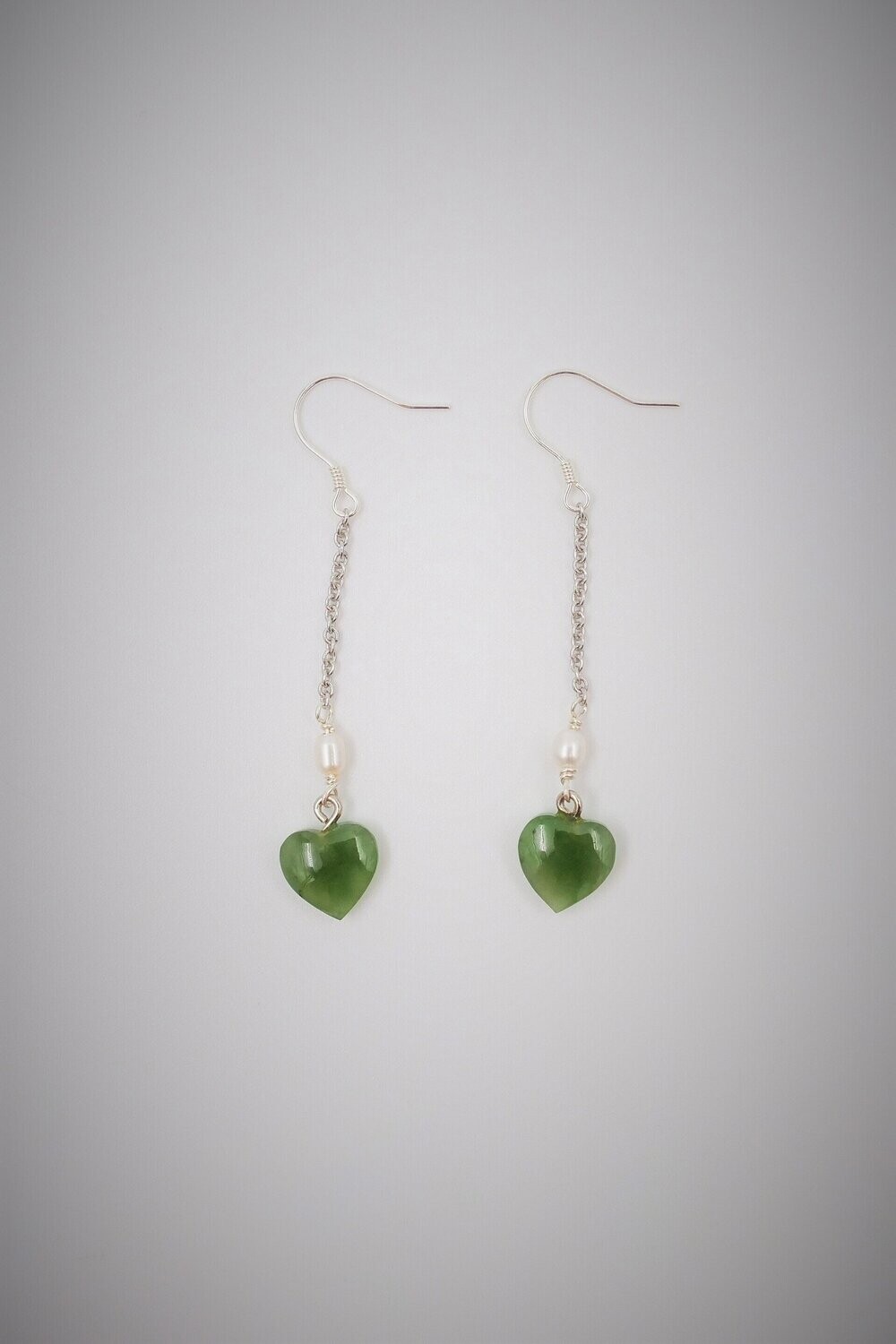 Moko Pounamu NZ Genuine Kahurangi Greenstone Pearl and Silver Heart Drop Earrings 05209