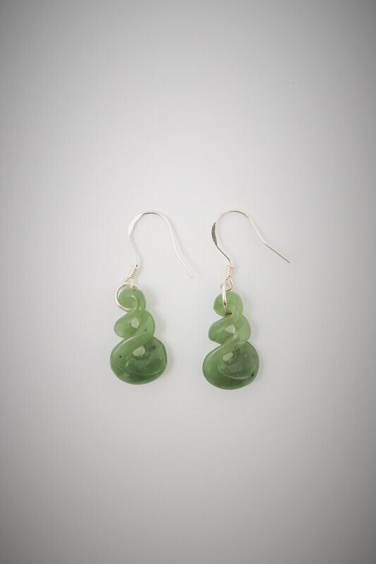 Moko Pounamu NZ Genuine Kahurangi Greenstone and Silver Double Twist Drop Earrings - DTE1