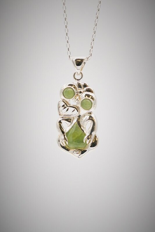 Moko Pounamu Hei Tiki Greenstone and Sterling Silver Pendant - SALE