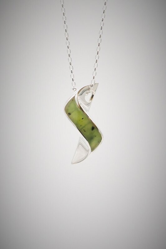 Moko Pounamu Contemporary Drop Greenstone and Sterling Silver Pendant - 98JP - SALE