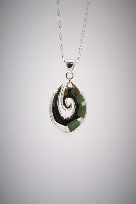 Moko Pounamu Contemporary Koru Greenstone and Sterling Silver  Pendant - SALE