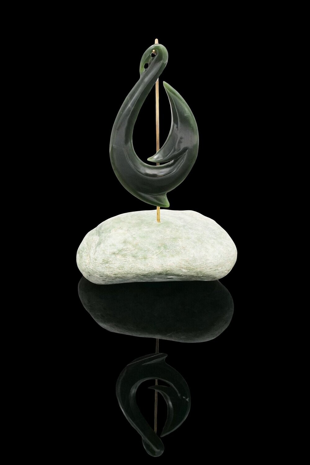 Moko Pounamu Hei Matau Sculpture NZ Genuine Kawakawa Greenstone - Waianakarua