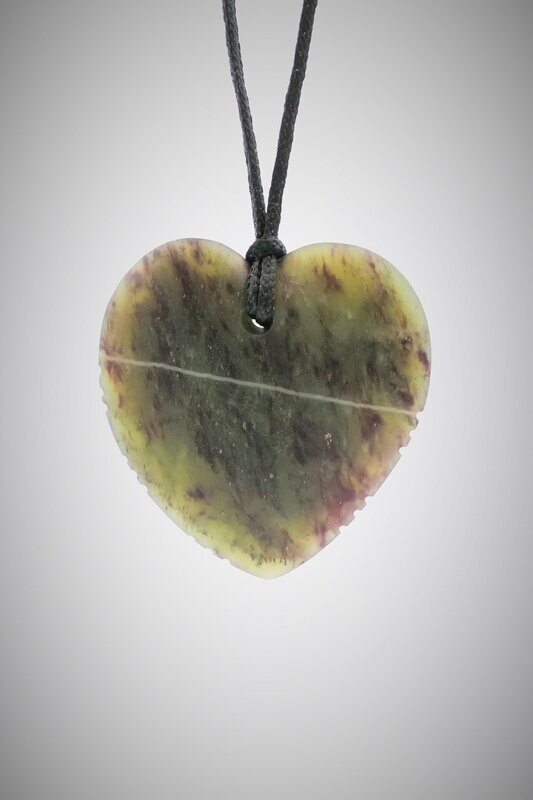 Moko Pounamu Notched Heart NZ Genuine Totoweka Greenstone - Taikorea SALE