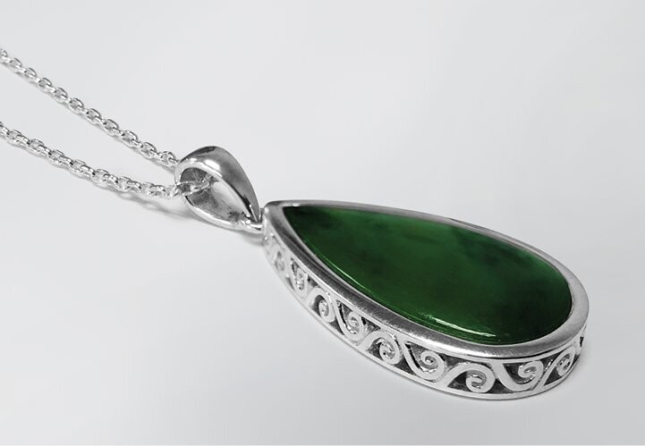 Moko Pounamu Greenstone and Silver Double Koru Filigree Teardrop Pendant - KTD1​