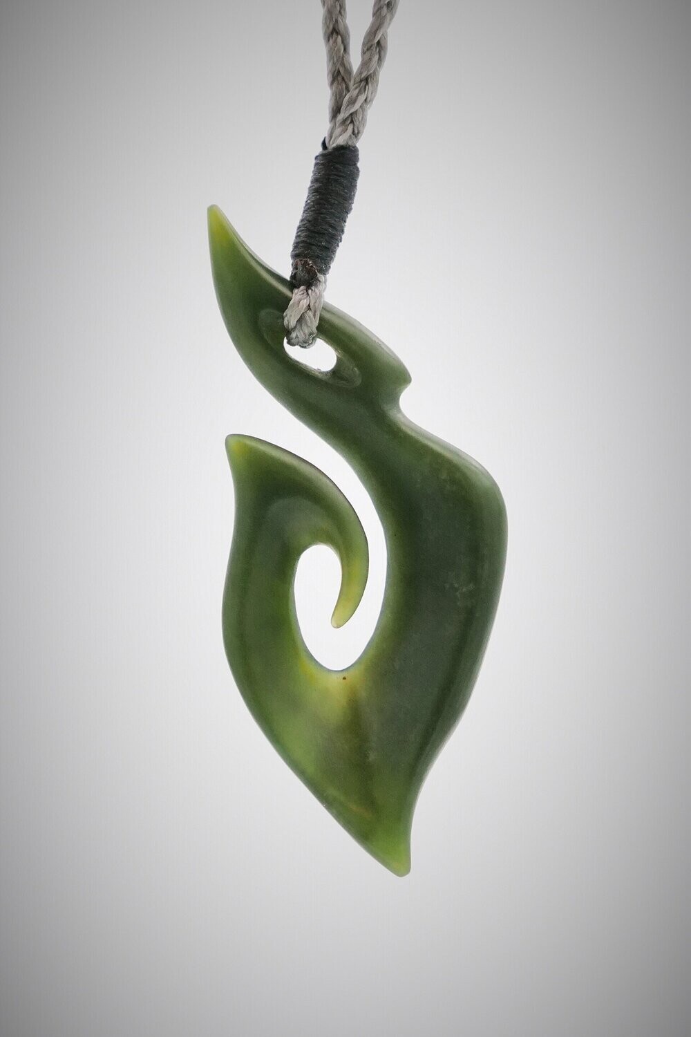 Moko Pounamu Hei Matau (Fishhook) NZ Genuine Kawakawa Greenstone - Waiohiki