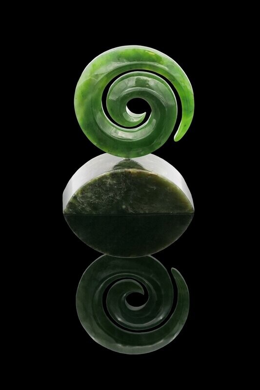 Moko Pounamu Open Koru Sculpture NZ Genuine Kahurangi Greenstone.