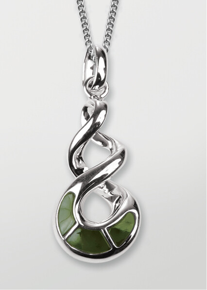 Moko Pounamu Double Twist Greenstone and Sterling Silver Pendant - 87JP