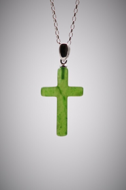Moko Pounamu Greenstone and Silver Cross Pendant