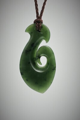 Moko Pounamu Hook (Hei Matau) NZ Genuine Kawakawa Greenstone - Orapiu