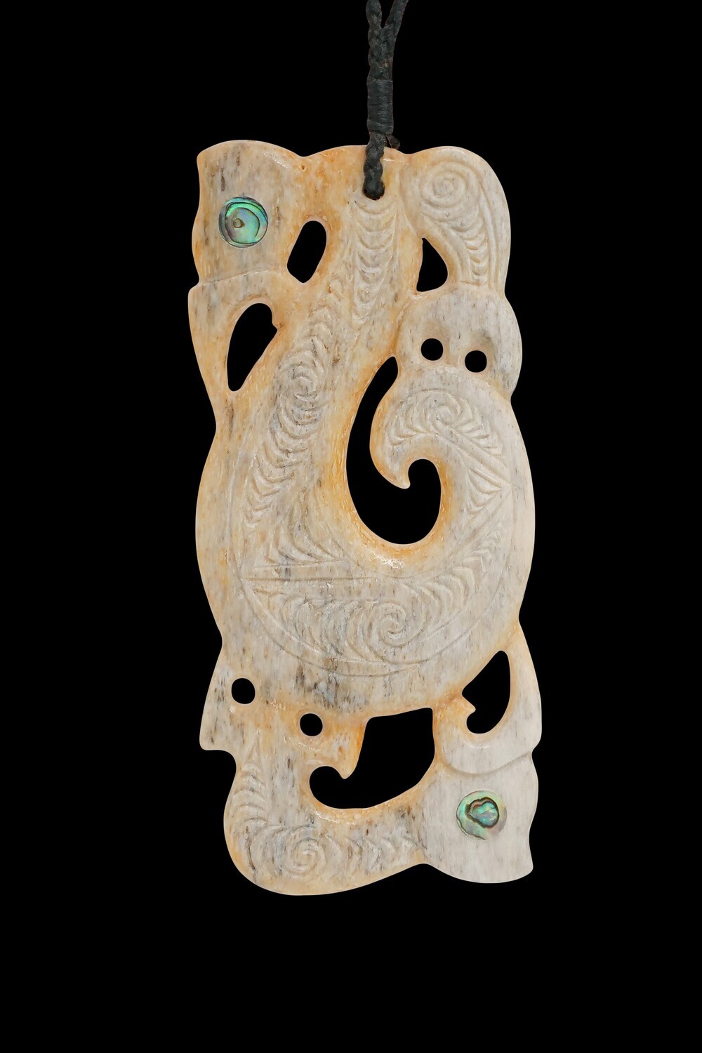 Moko Pounamu Double Manaia Genuine Whale Bone Carving - Hikurangi