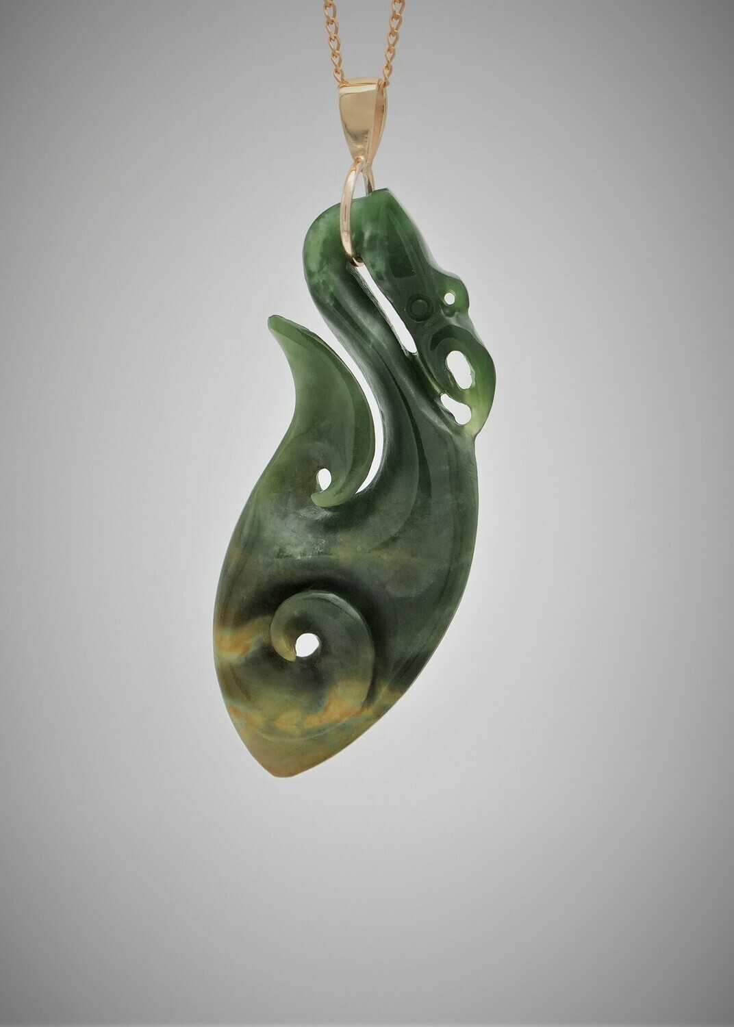 Moko Pounamu Manaia NZ Genuine Marsden Flower Greenstone and 9ct Gold Pendant - Ihumakariri