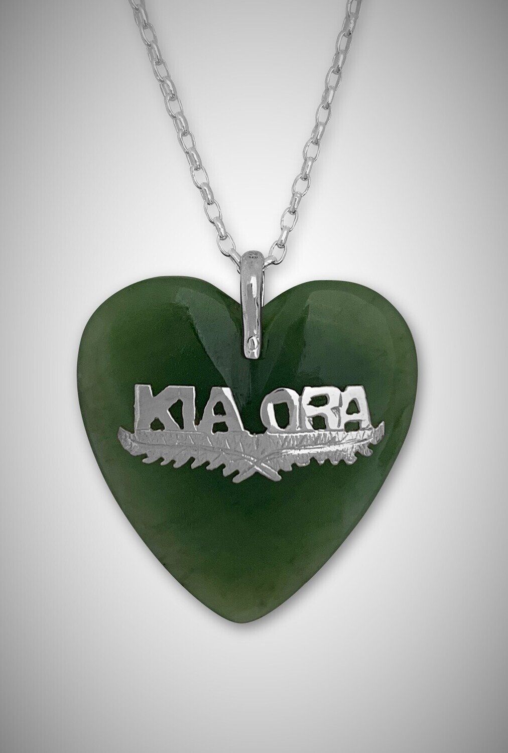 Moko Pounamu Kia Ora Heart Greenstone and Sterling Silver Pendant - HS1