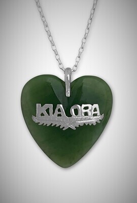 Moko Pounamu Kia Ora Heart Greenstone and Sterling Silver Pendant - HS1