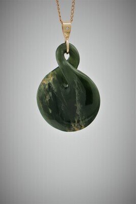 Moko Pounamu Single Pikorua (Twist) NZ Genuine Marsden Flower Greenstone, 9ct Gold & Diamond Pendant - Rangiputa