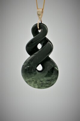 Moko Pounamu Double Pikorua NZ Genuine Kawakawa Flower  Greenstone & 9ct Gold Pendant - Karatia