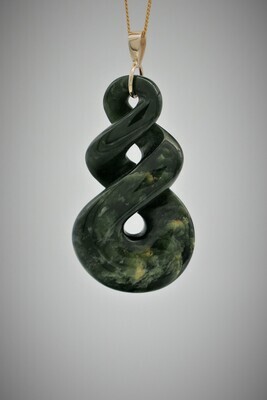 Moko Pounamu Double Pikorua NZ Genuine Kawakawa Flower  Greenstone & 9ct Gold Pendant - Waitiki