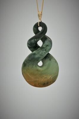 Moko Pounamu Double Pikorua NZ Genuine Kawakawa Flower  Greenstone & 9ct Gold Pendant - Maungapiko