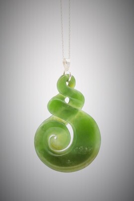 Moko Pounamu Double Pikorua with Koru NZ Genuine Kahurangi Flower Greenstone- Patumahoe