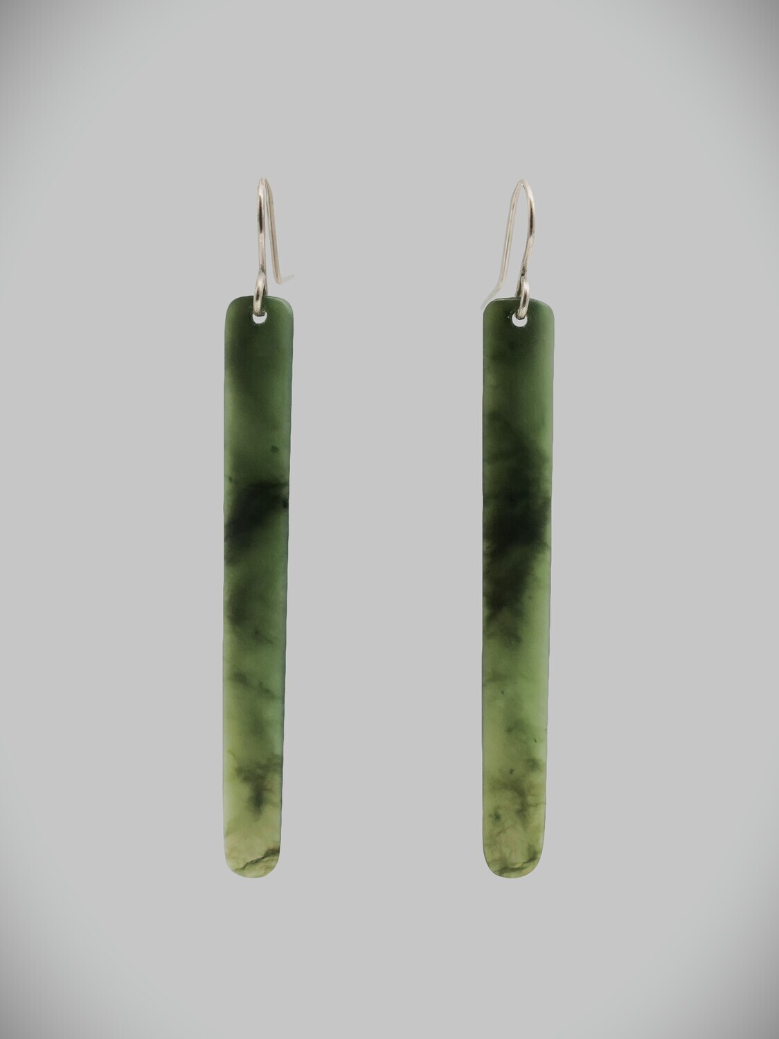 Moko Pounamu NZ Kawakawa Greenstone and Sterling Silver Drop Earrings 09645
