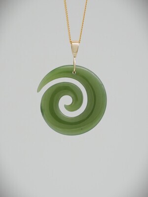 Moko Pounamu Koru NZ Genuine Inanga Greenstone & 9ct Gold - Te Kakaho