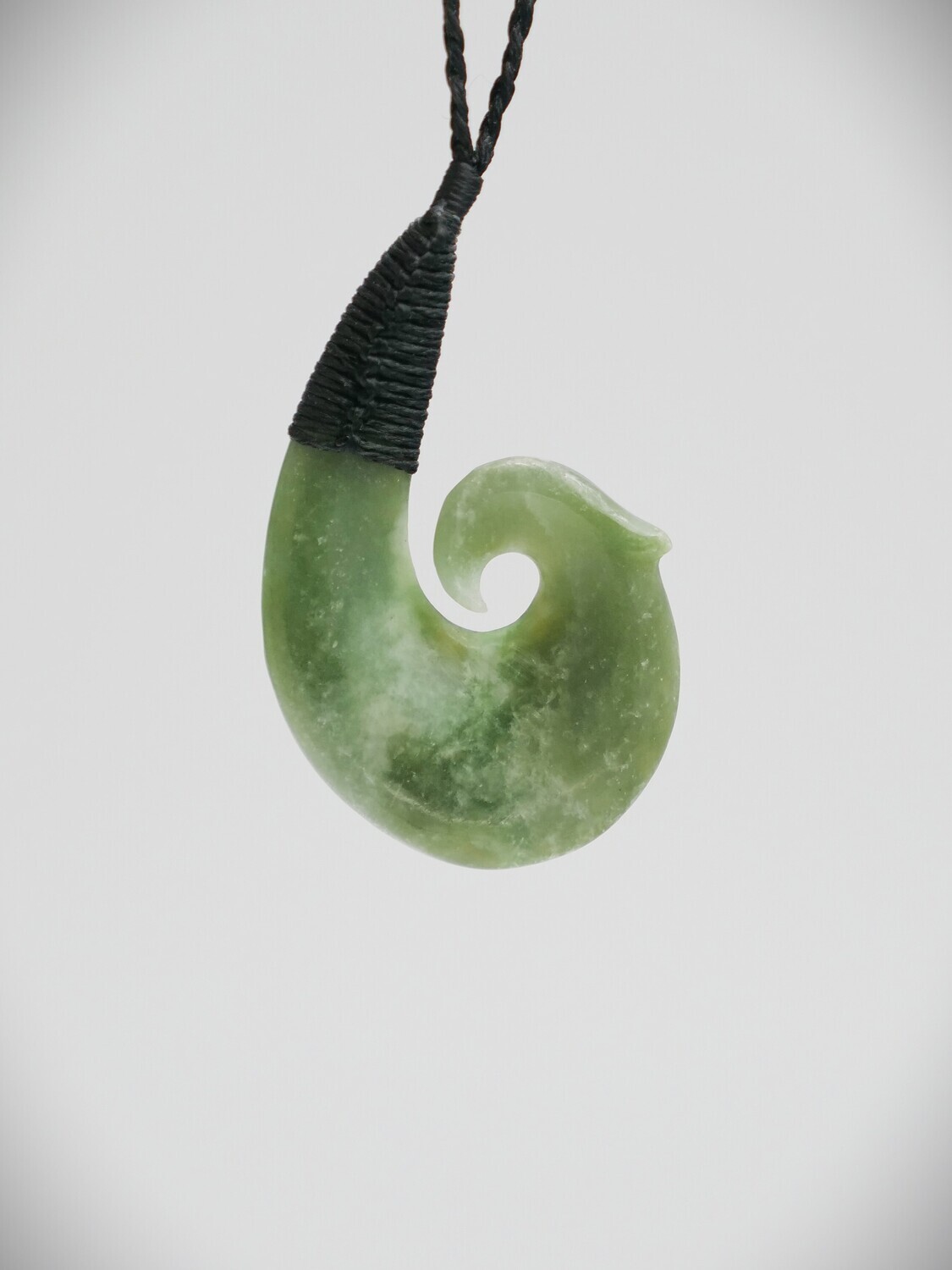 Moko Pounamu Hei Matau (Fishhook) NZ Genuine Inanga Flower Greenstone - Hopai