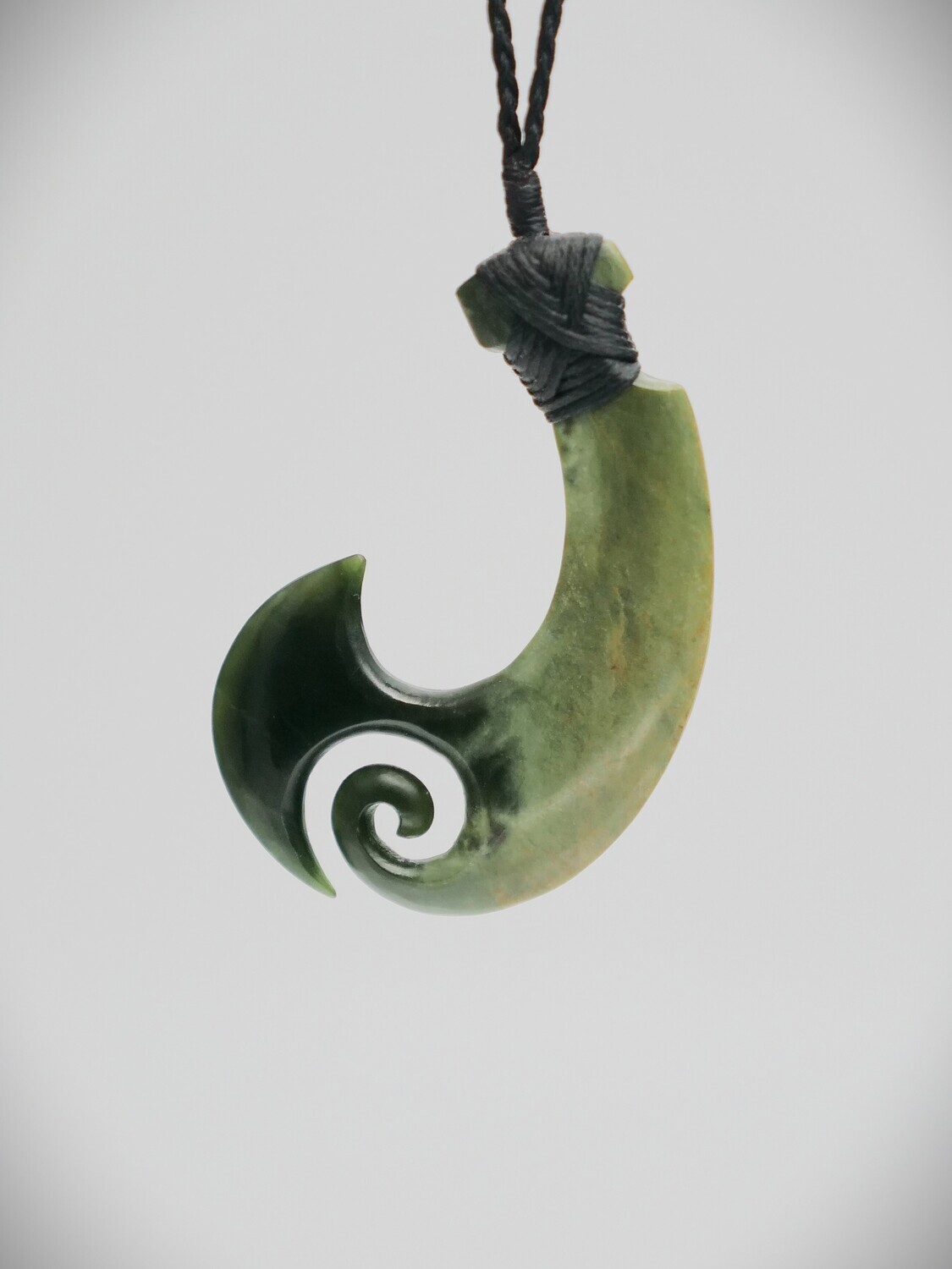 Moko Pounamu Hei Matau (Hook) NZ Genuine Kawakawa Flower Greenstone Ngaio