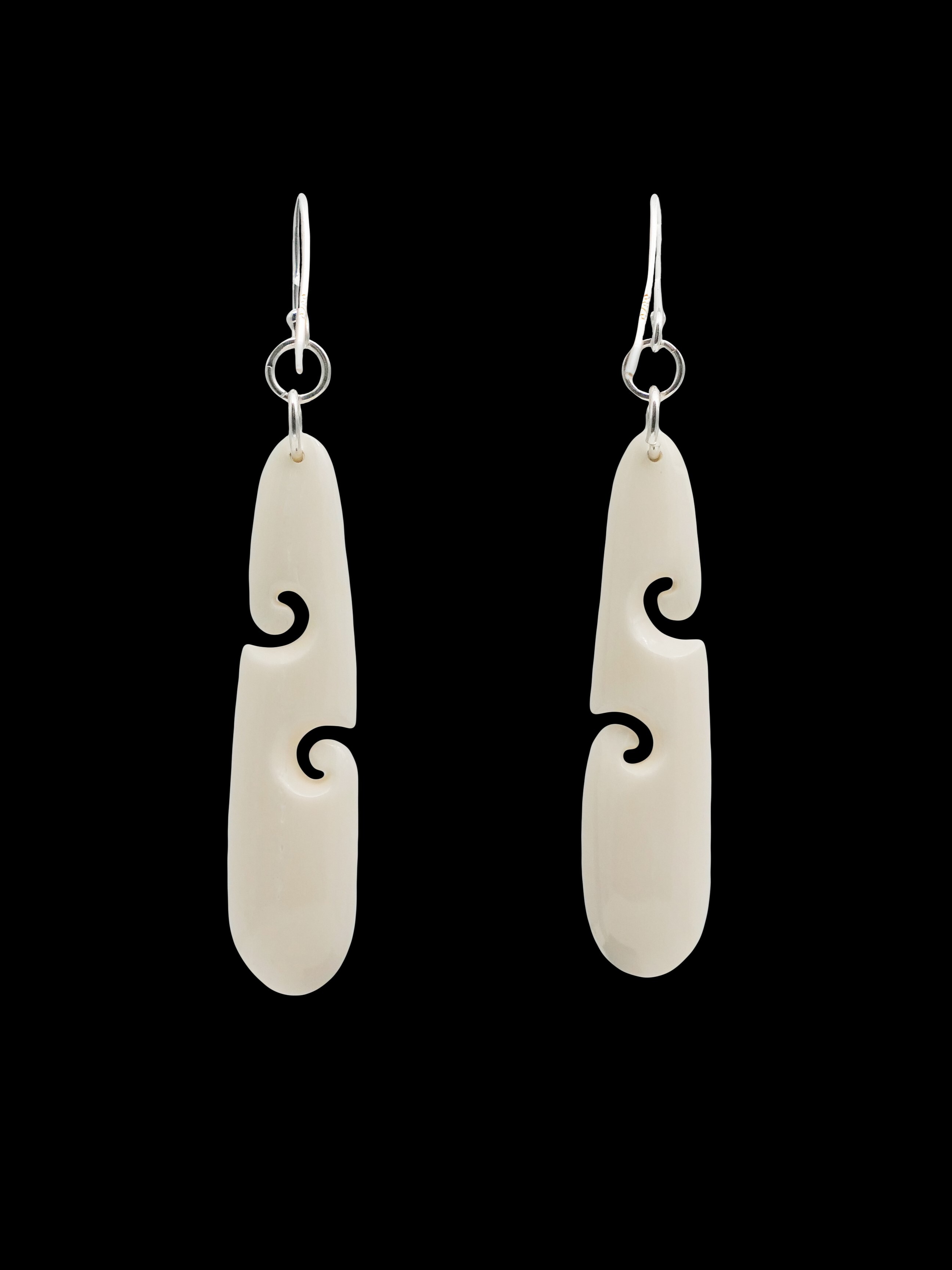 Moko Pounamu Black Ferns Bone with Koru & Sterling Silver Earrings BF52