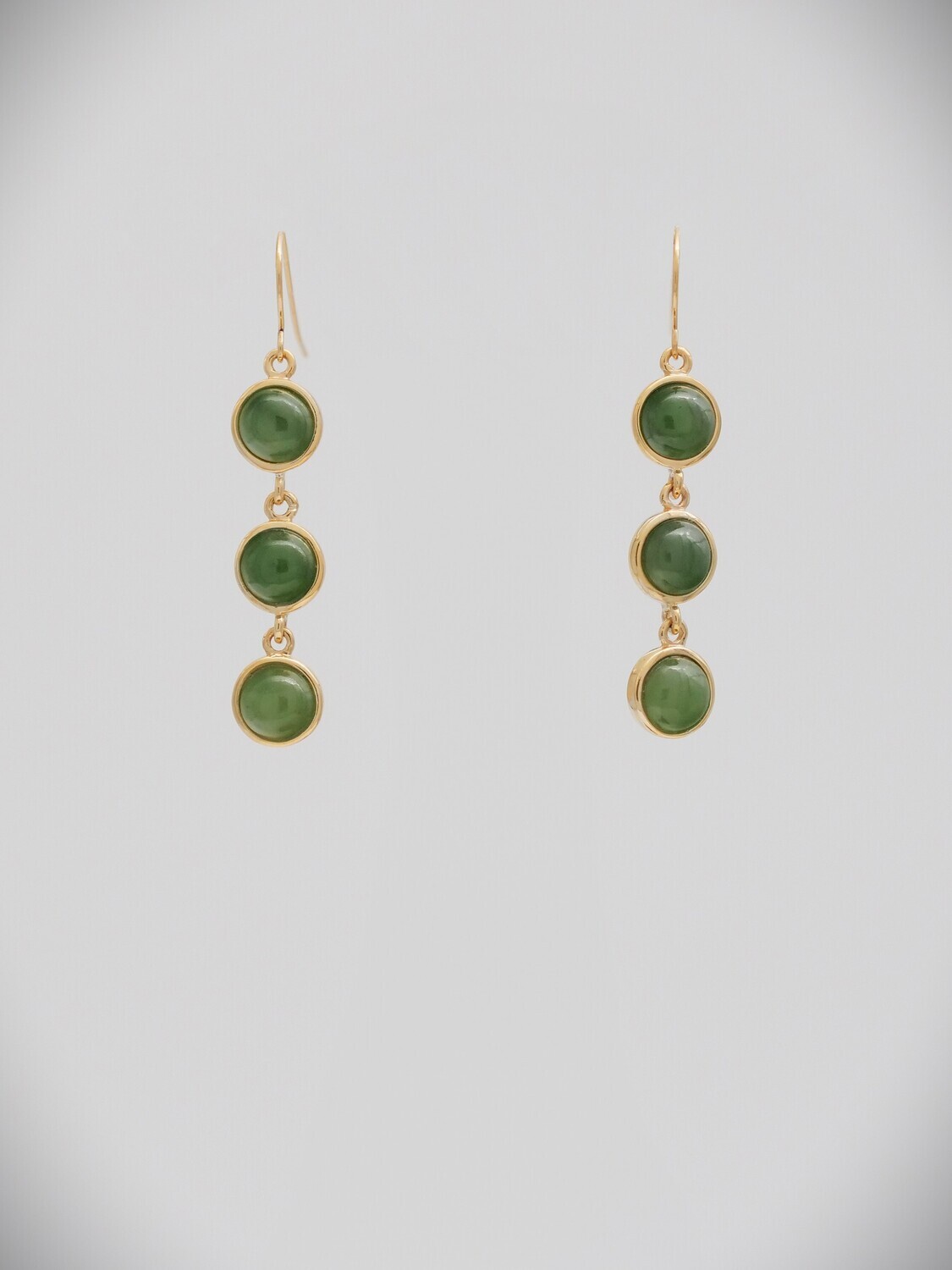 Moko Pounamu 3 Tier Round NZ Genuine Greenstone and 9ct Gold Hook Earrings 03245