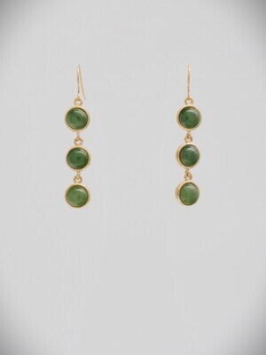 Moko Pounamu 3 Tier Round NZ Genuine Greenstone and 9ct Gold Hook Earrings 03245