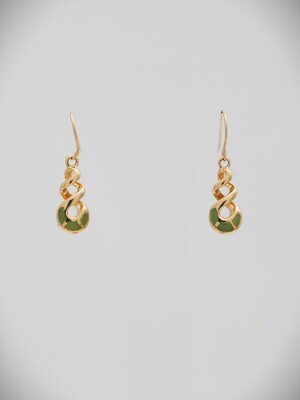 Moko Pounamu Double Pikorua (Twist) Greenstone and 14ct Gold  Earrings- 53JEG