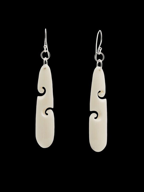 Moko Pounamu Black Ferns Bone with Koru & Sterling Silver  Earrings AB52