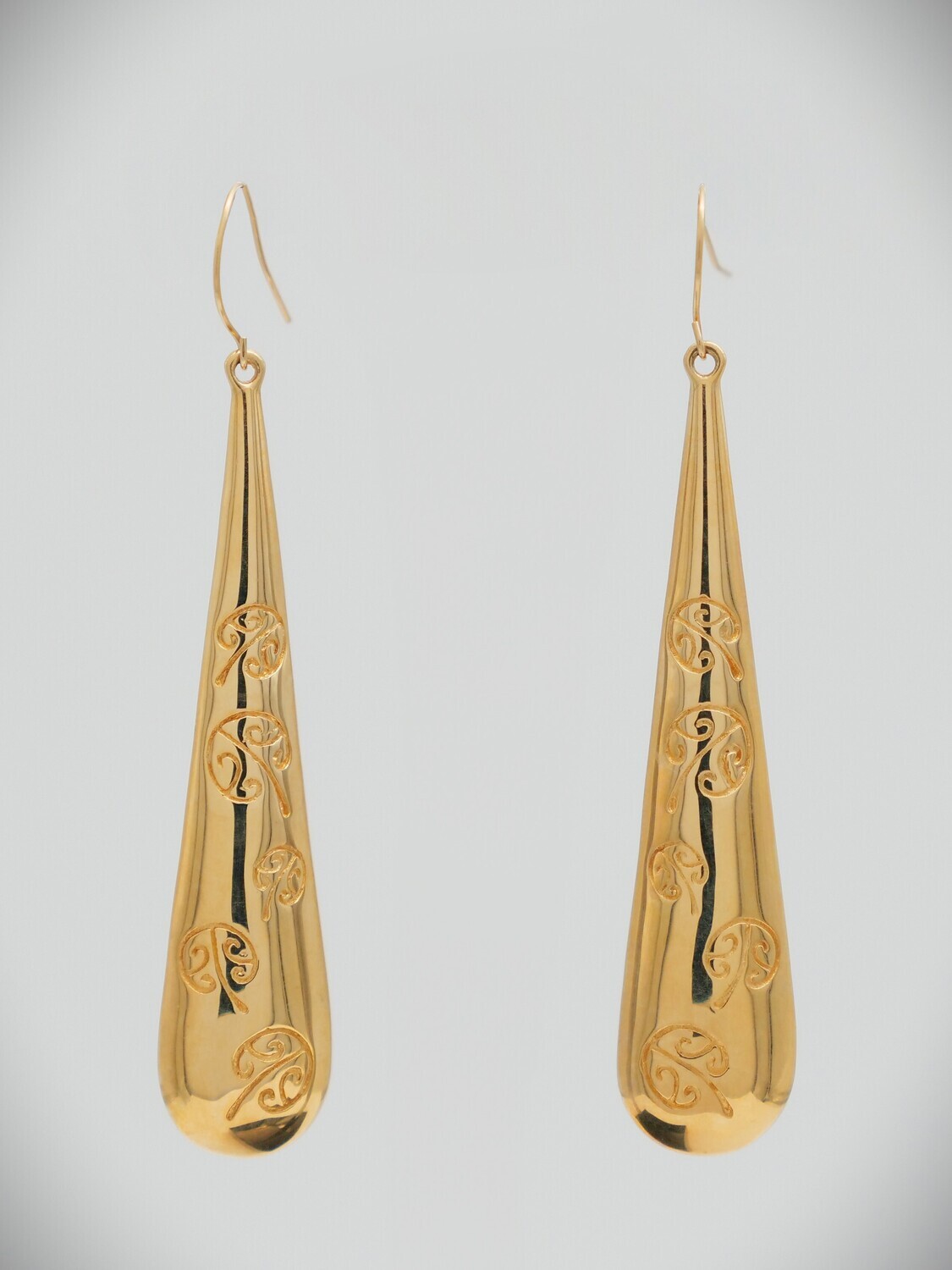 Moko Pounamu  Kowhaiwhai Roimata (Drop) 14ct Gold Earrings 09981