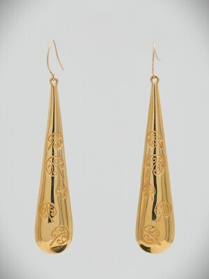 Moko Pounamu Kowhaiwhai Roimata (Drop) 14ct Gold Earrings