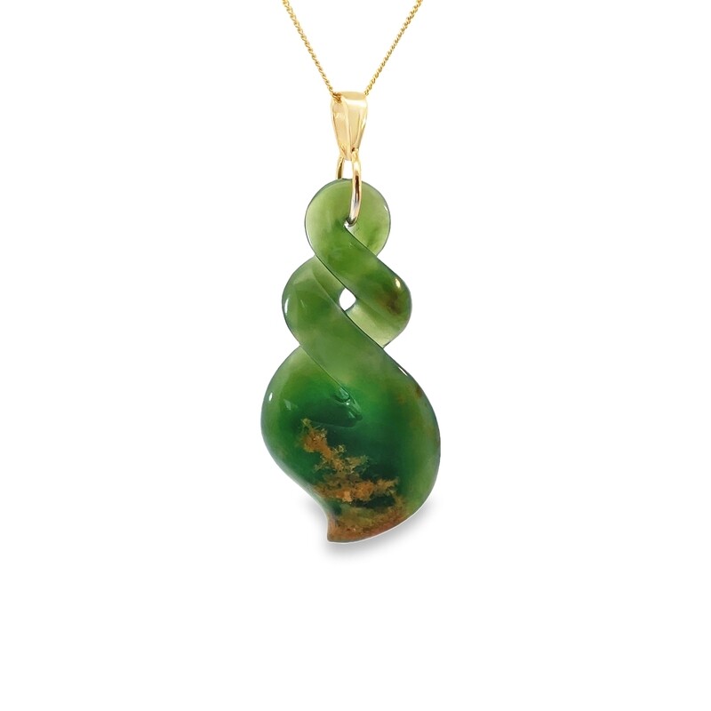 Moko Pounamu  Double Twist NZ Genuine Kahurangi Flower Jade and 9k Gold Pendant - Rakau