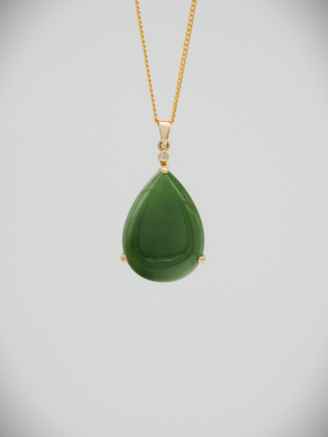 Moko Pounamu NZ Genuine Kahurangi Greenstone and 14ct Gold & Diamond Teardrop Pendant 00523