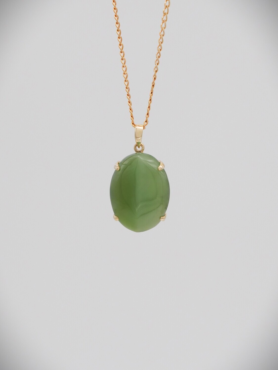 Moko Pounamu NZ Genuine Inanga Greenstone and 14ct Gold Cats Eye Pendant 02797