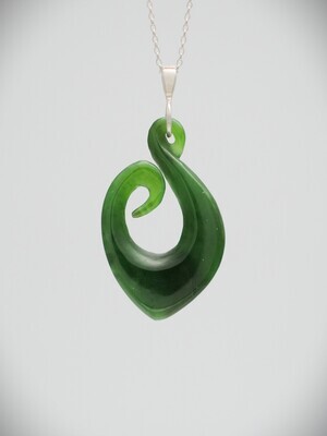 Moko Pounamu Hook (Hei Matau) NZ Genuine Kahurangi Greenstone & Sterling Silver - Manawahe