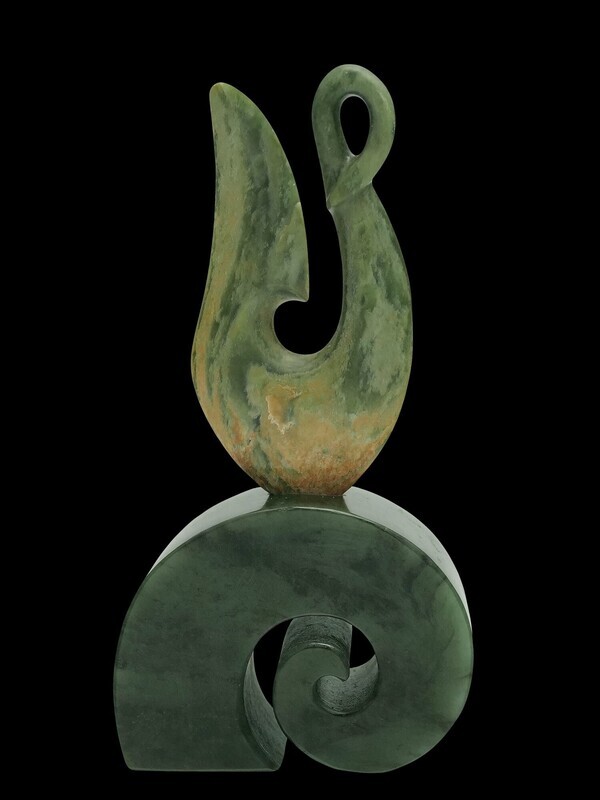 Moko Pounamu Matau (Hook) NZ Genuine Marsden Flower & Kawakawa Greenstone - Whangaruru