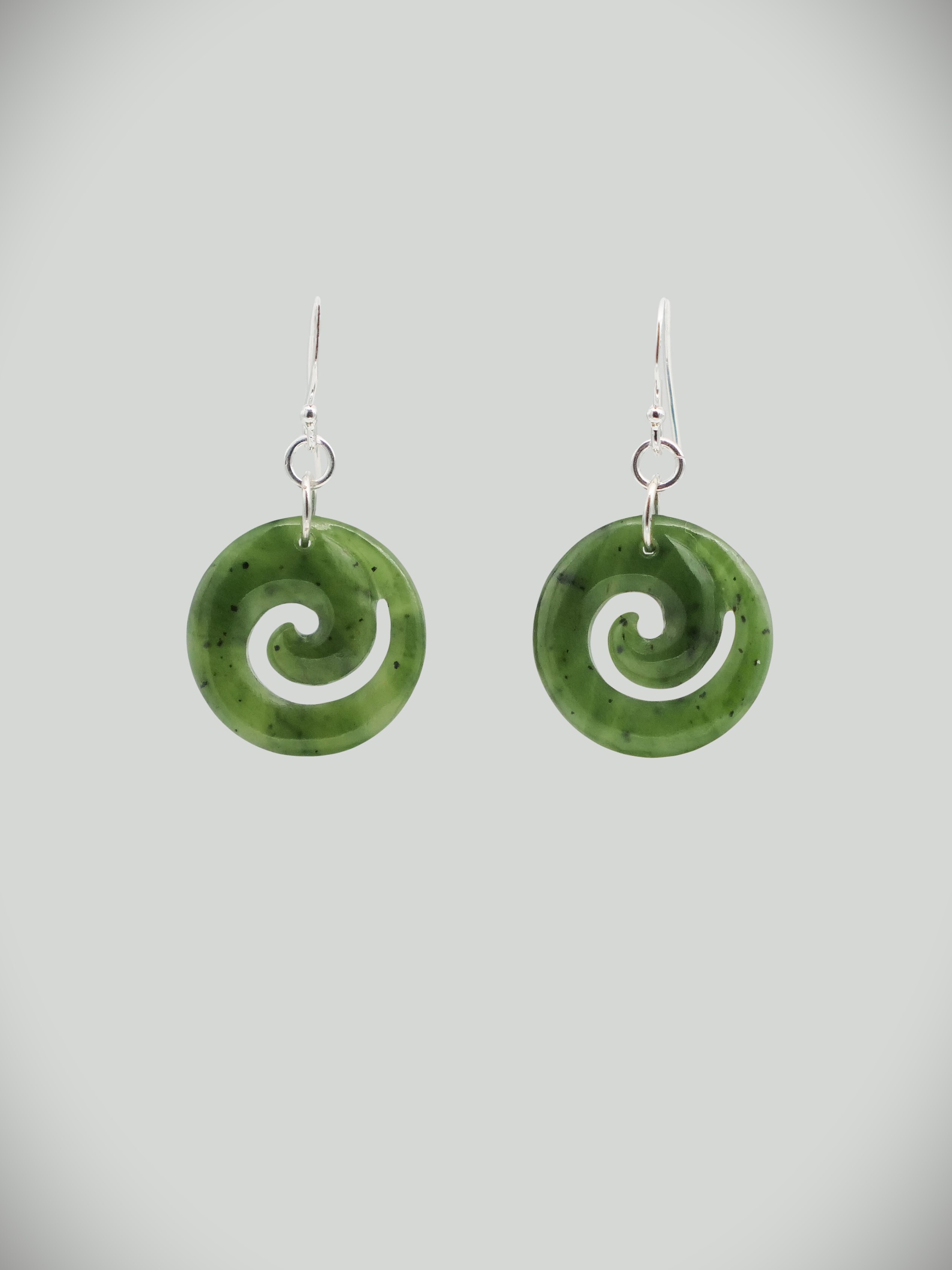 Moko Pounamu Closed Koru Earrings  NZ Genuine Kawakawa Greenstone and Sterling Silver - HE60