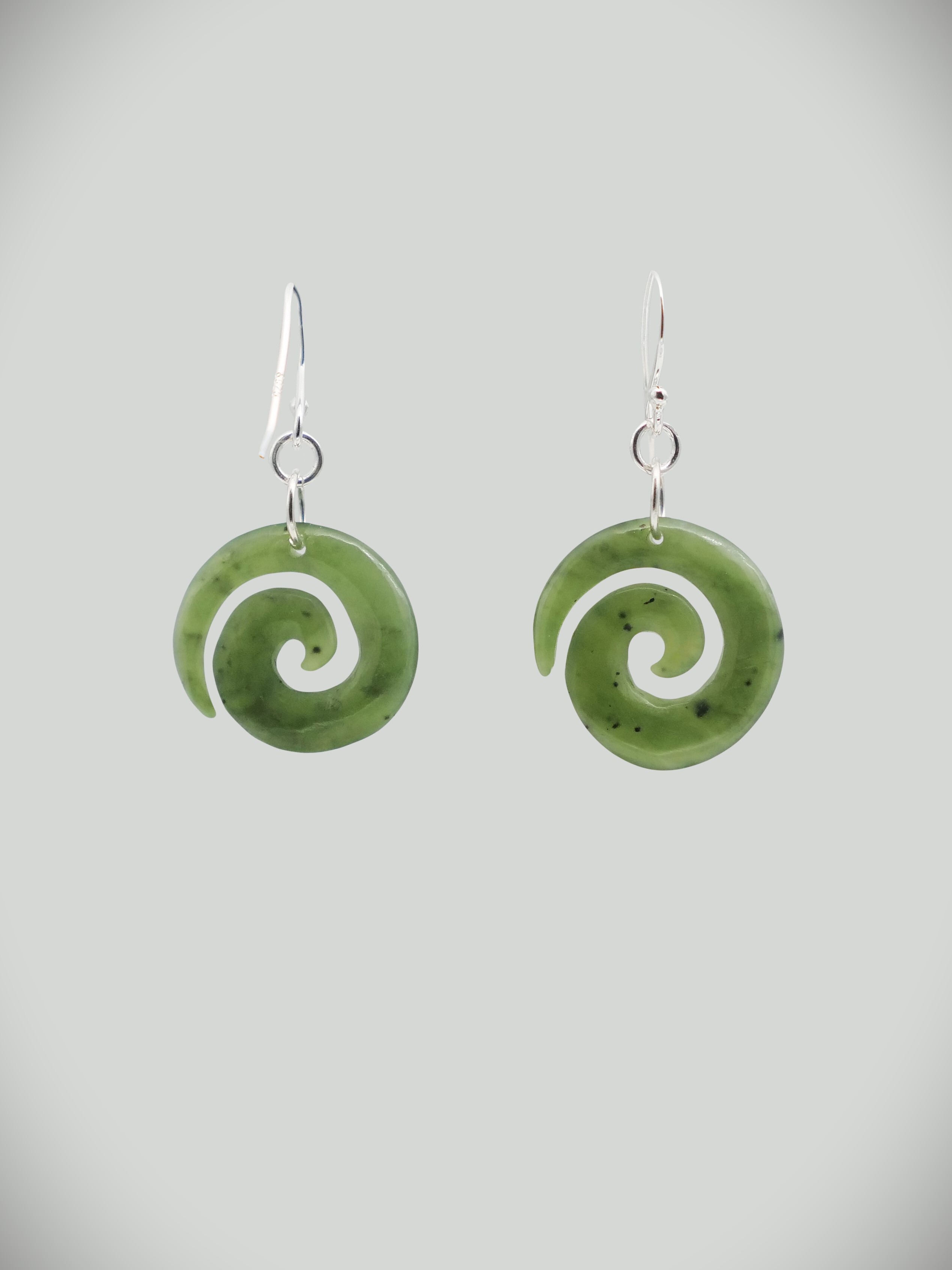 Moko Pounamu Open Koru Earrings  NZ Genuine Kawakawa Greenstone and Sterling Silver - HE61