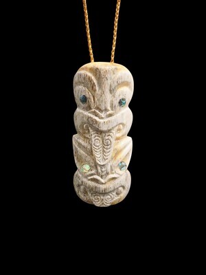 Moko Pounamu Hei Tiki genuine Whale Bone Carving - Kikiwa