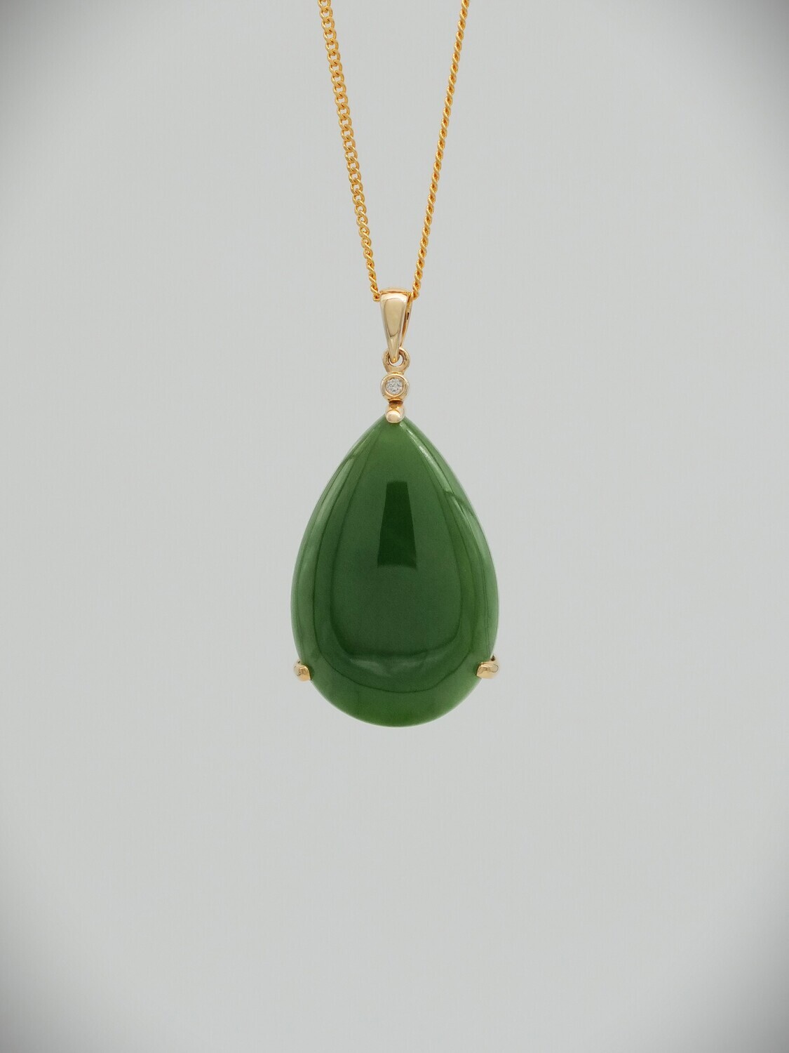 Moko Pounamu NZ Genuine Kahurangi Greenstone and 14ct Gold & Diamond Teardrop Pendant 10425