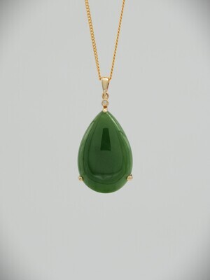 Moko Pounamu NZ Genuine Kahurangi Greenstone and 14ct Gold & Diamond Teardrop Pendant 10425