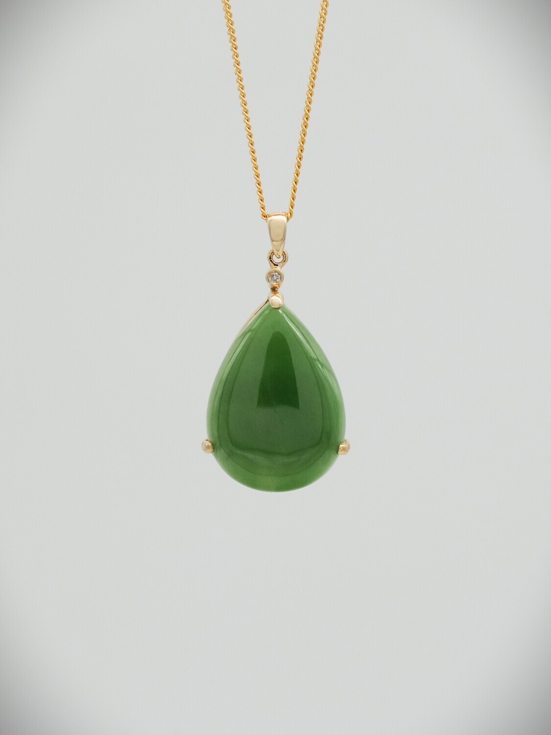 Moko Pounamu NZ Genuine Kahurangi Greenstone and 14ct Gold & Diamond Teardrop Pendant 10427